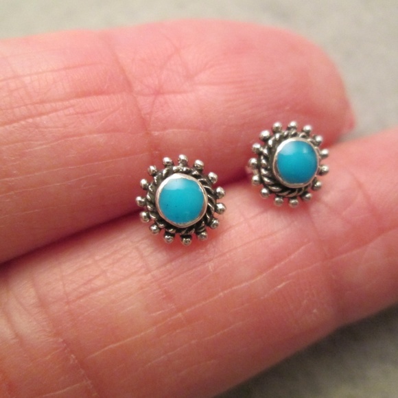 Dainty 925 Sterling Turquoise Stud Earrings,Native American,Southwestern studs - Picture 3 of 5